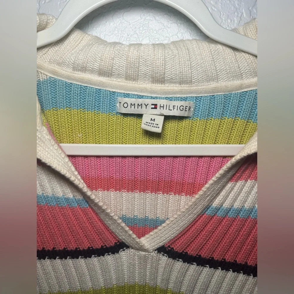 Tommy Hilfiger Stripped V Neck Collard Cozy Sweater Women Size Medium - Picture 8 of 12